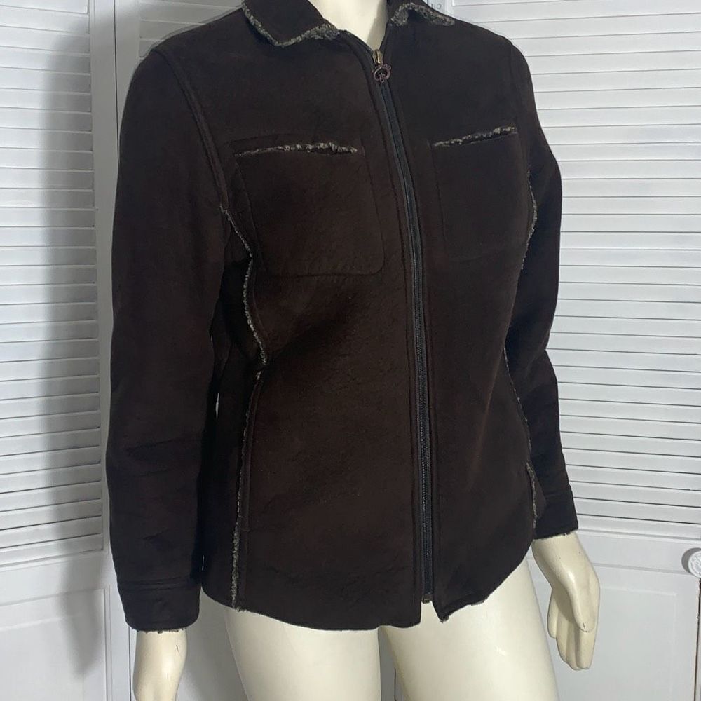 WOOLRICH FAUX SUEDE SHEARLING‎ COAT SHERPA JACKET ZIP FRONT BROWN SMALL